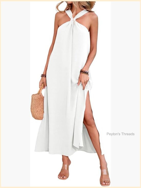 Dresses & Skirts - Sleeveless Halter Maxi Dress Casual Loose Flowy Side Slit Summer Vacation Beach